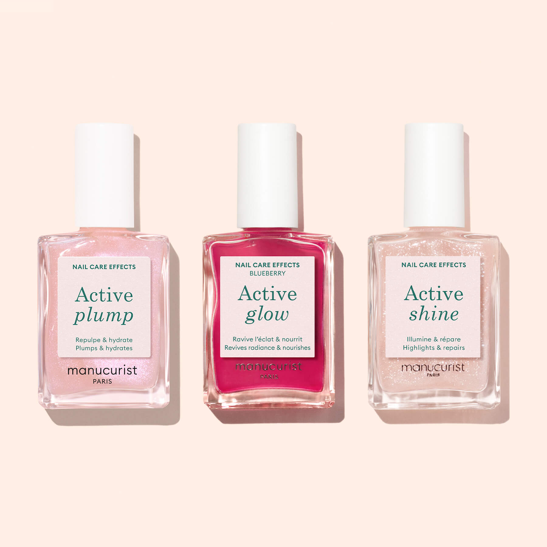 Trois flacons Active soins ongles côte à côte